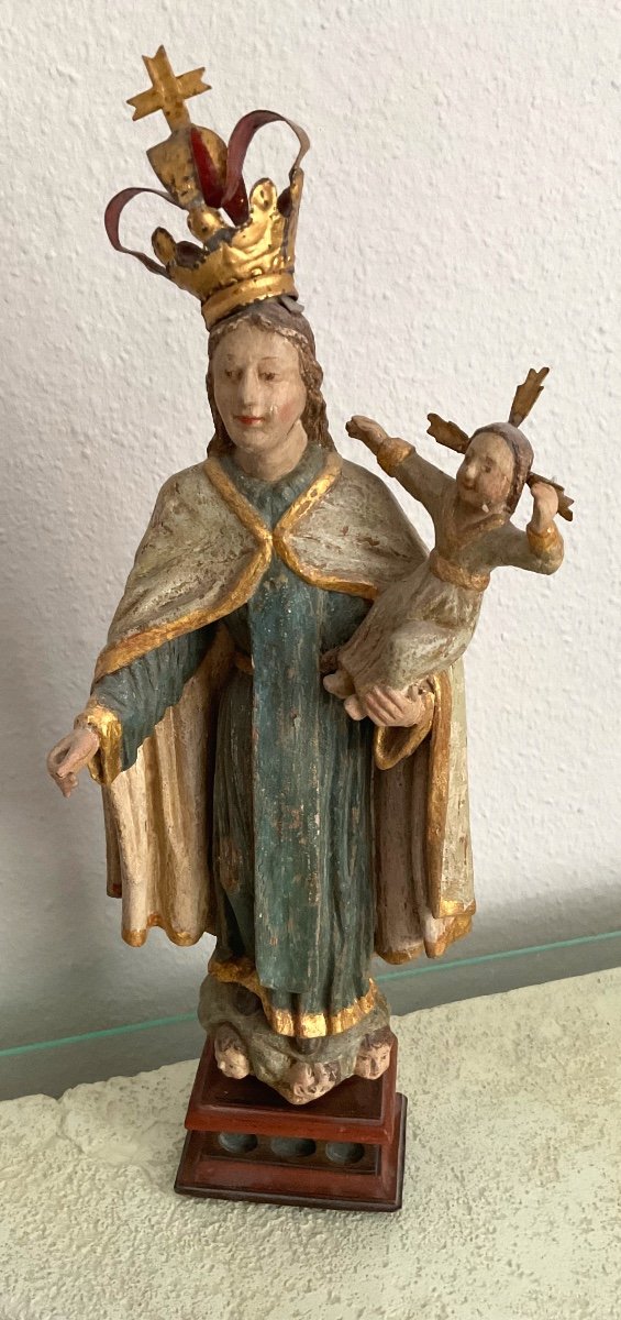 Vierge à L’enfant En Bois  Sculpté, Peint Et Couronné (métal ),colonial XIXé