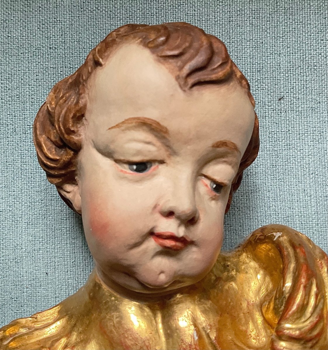 Altar Angel Head, Carved, Painted And Gilded Wood, Southern Germany, 19th Century-photo-2