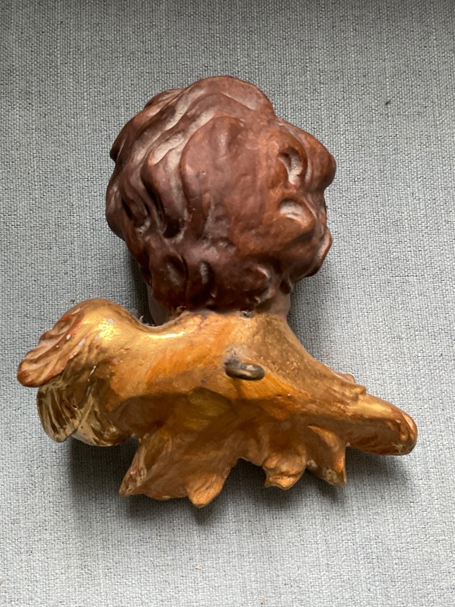 Altar Angel Head, Carved, Painted And Gilded Wood, Southern Germany, 19th Century-photo-4