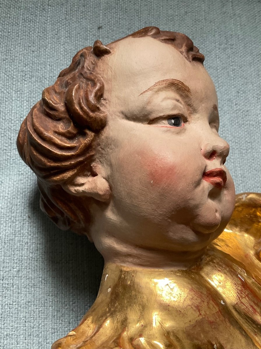 Altar Angel Head, Carved, Painted And Gilded Wood, Southern Germany, 19th Century-photo-3