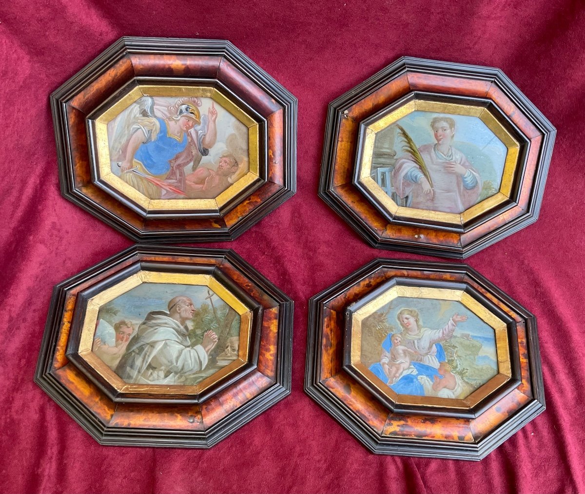 Ensemble Of Four “under Glass Painting”, Italy Original Framing, Dated 1753-photo-2