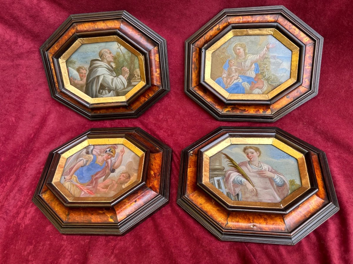 Ensemble Of Four “under Glass Painting”, Italy Original Framing, Dated 1753