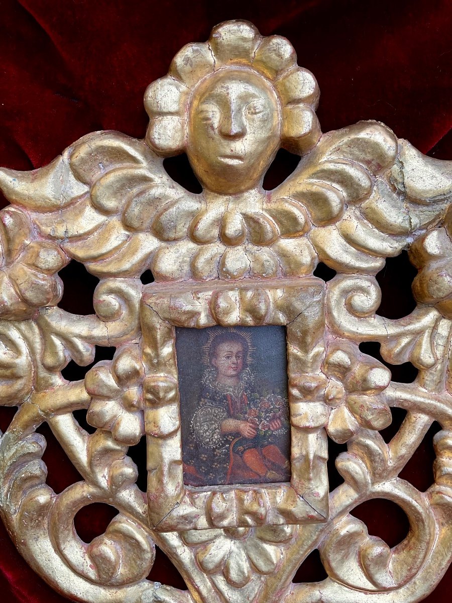 The Child Jesus Christ, Oil On Wood Carved And Gilded Wooden Frame Cuszco School, 18th Century-photo-2