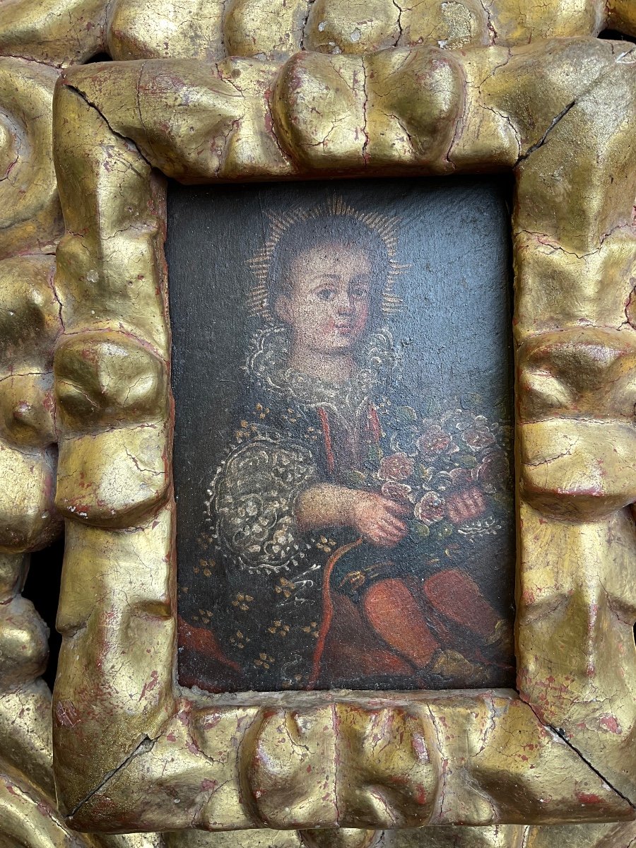 The Child Jesus Christ, Oil On Wood Carved And Gilded Wooden Frame Cuszco School, 18th Century-photo-3