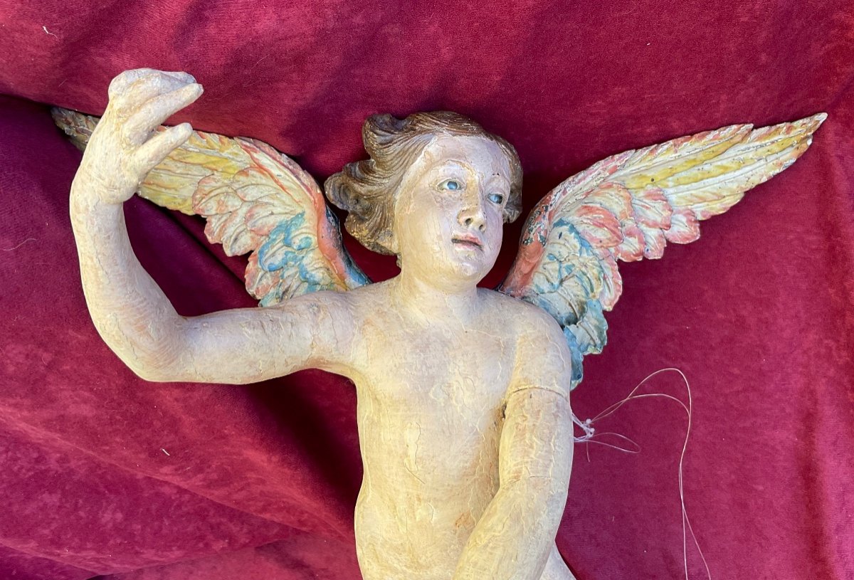 “male” Winged Angel, Carved Wood, Painted Italy, Late 18th Century-photo-2