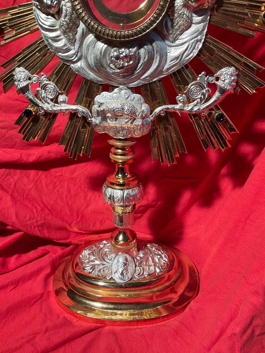 Ostensoir ( Monstrance) En Laiton Doré Avec Applications En Argent, France Début XXème Siècle -photo-2