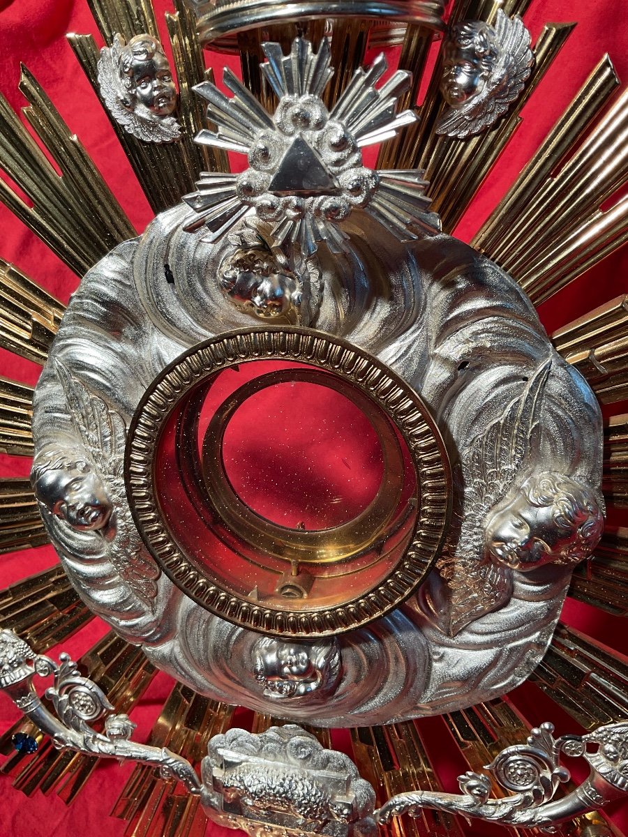 Ostensoir ( Monstrance) En Laiton Doré Avec Applications En Argent, France Début XXème Siècle -photo-3