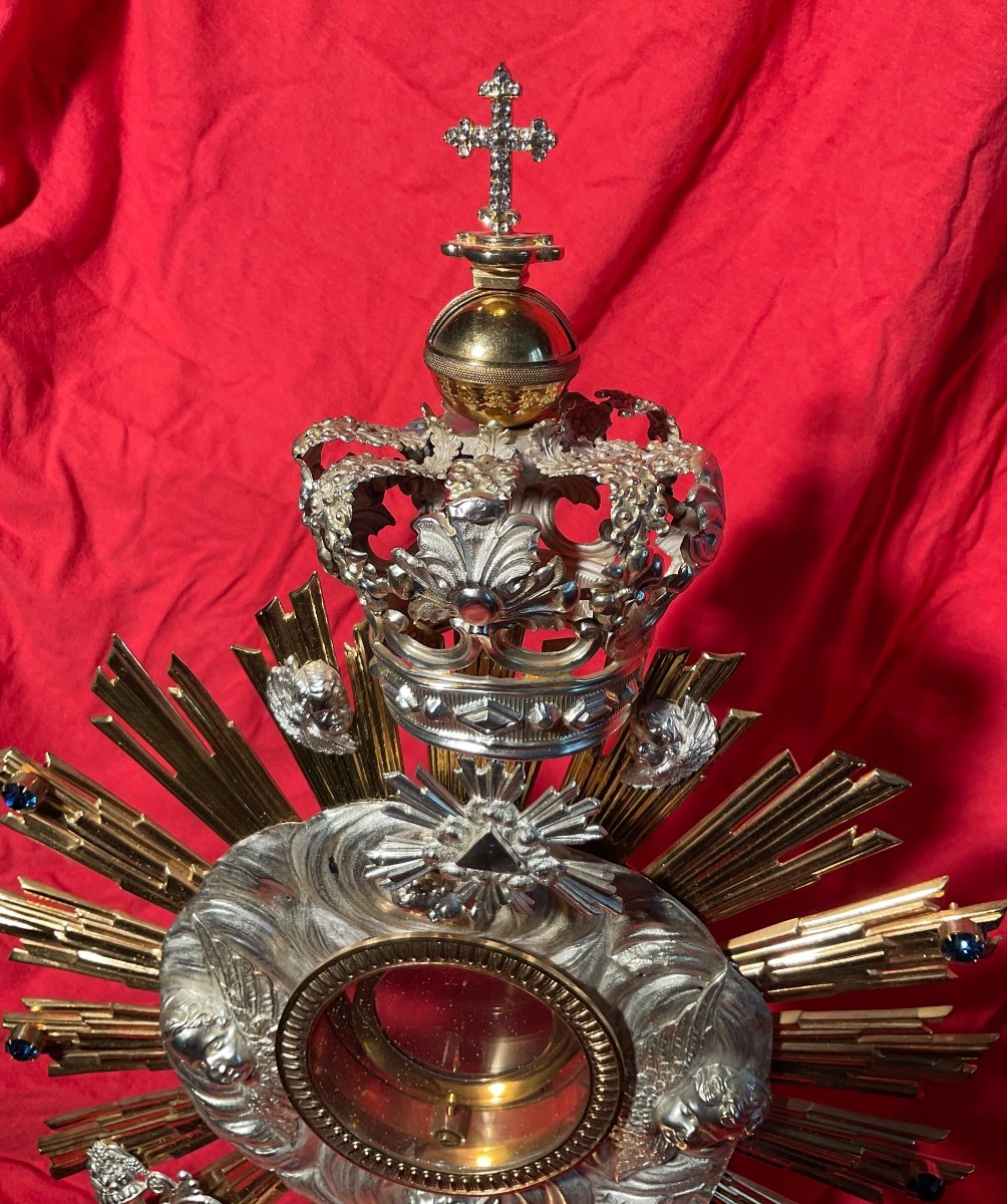 Ostensoir ( Monstrance) En Laiton Doré Avec Applications En Argent, France Début XXème Siècle -photo-4