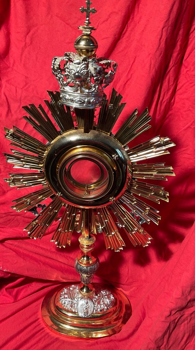 Ostensoir ( Monstrance) En Laiton Doré Avec Applications En Argent, France Début XXème Siècle -photo-1