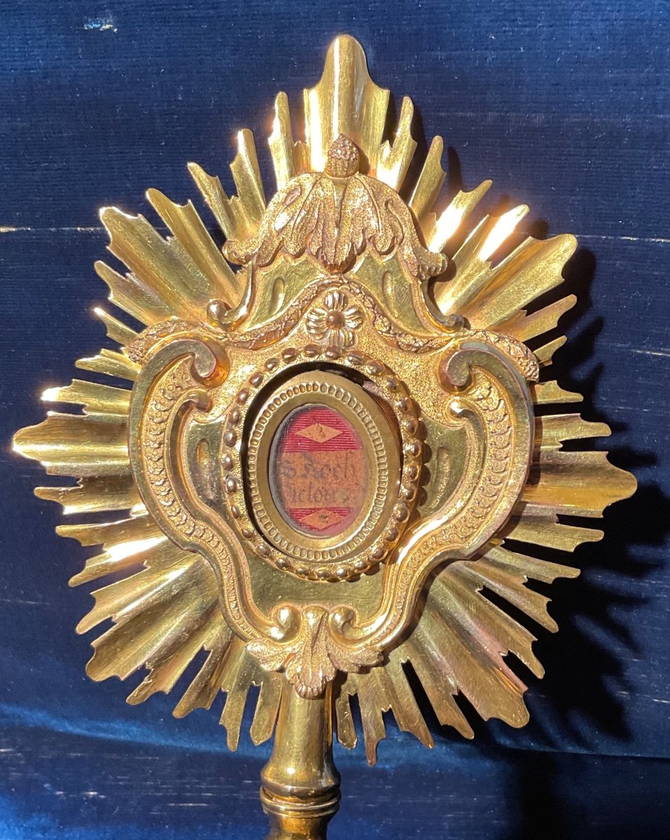 Monstrance - Reliquary "s. Roch", Gilded Copper With Authentic, Tyrol 18th Century -photo-4