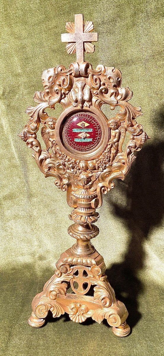 Monstrance-Reliquaire « S.FRANCde Chan., S.JUBENTIUS M. » En Bronze Doré, Fin XIXe