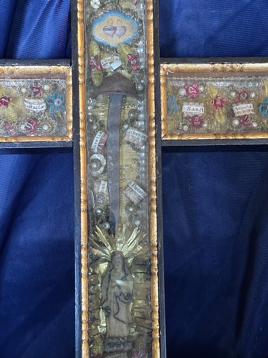 Wooden Cross-shaped Reliquary: The Holy Nail And Relics Of Saints, Austria 19th Century-photo-3