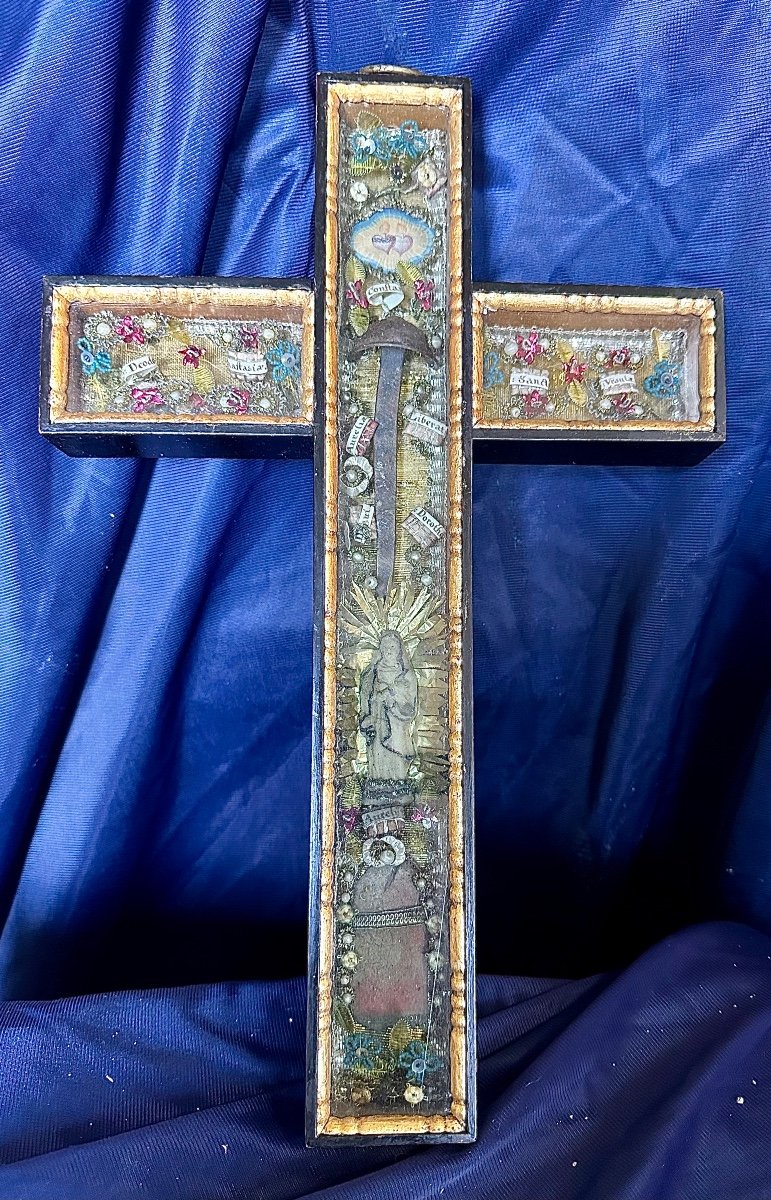 Wooden Cross-shaped Reliquary: The Holy Nail And Relics Of Saints, Austria 19th Century