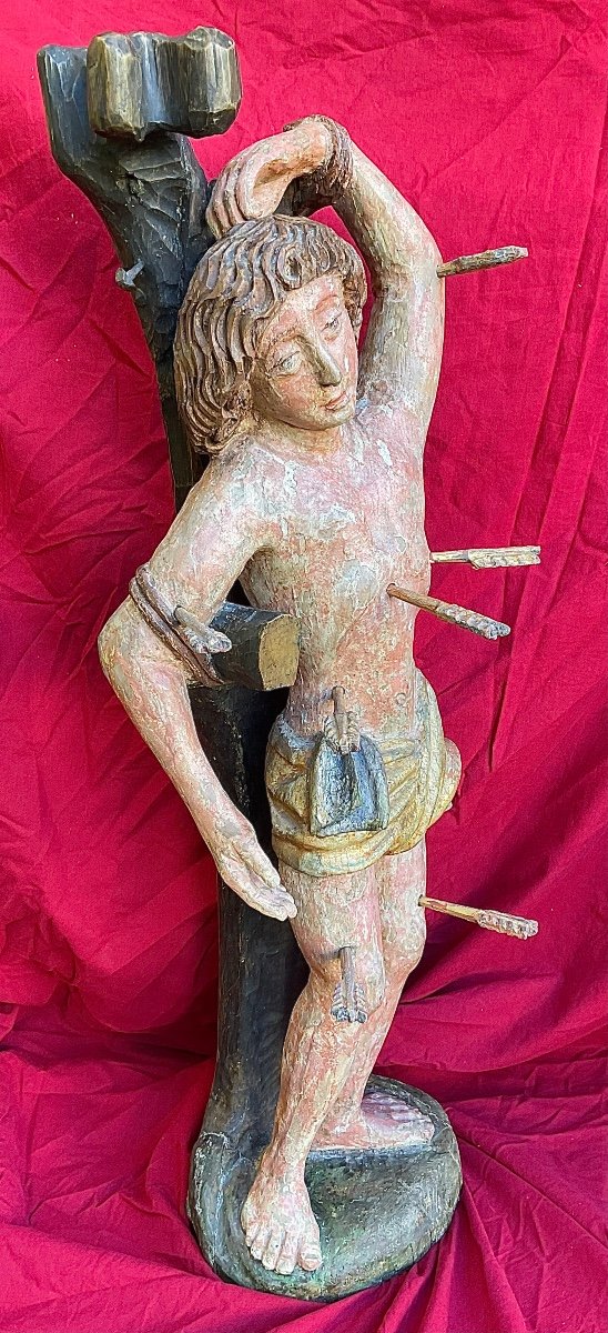 « Saint  Sébastien Martyr » , Bois Sculpté,peint, L’Allemagne De Sud, époque Gothique (ça.1500)-photo-4