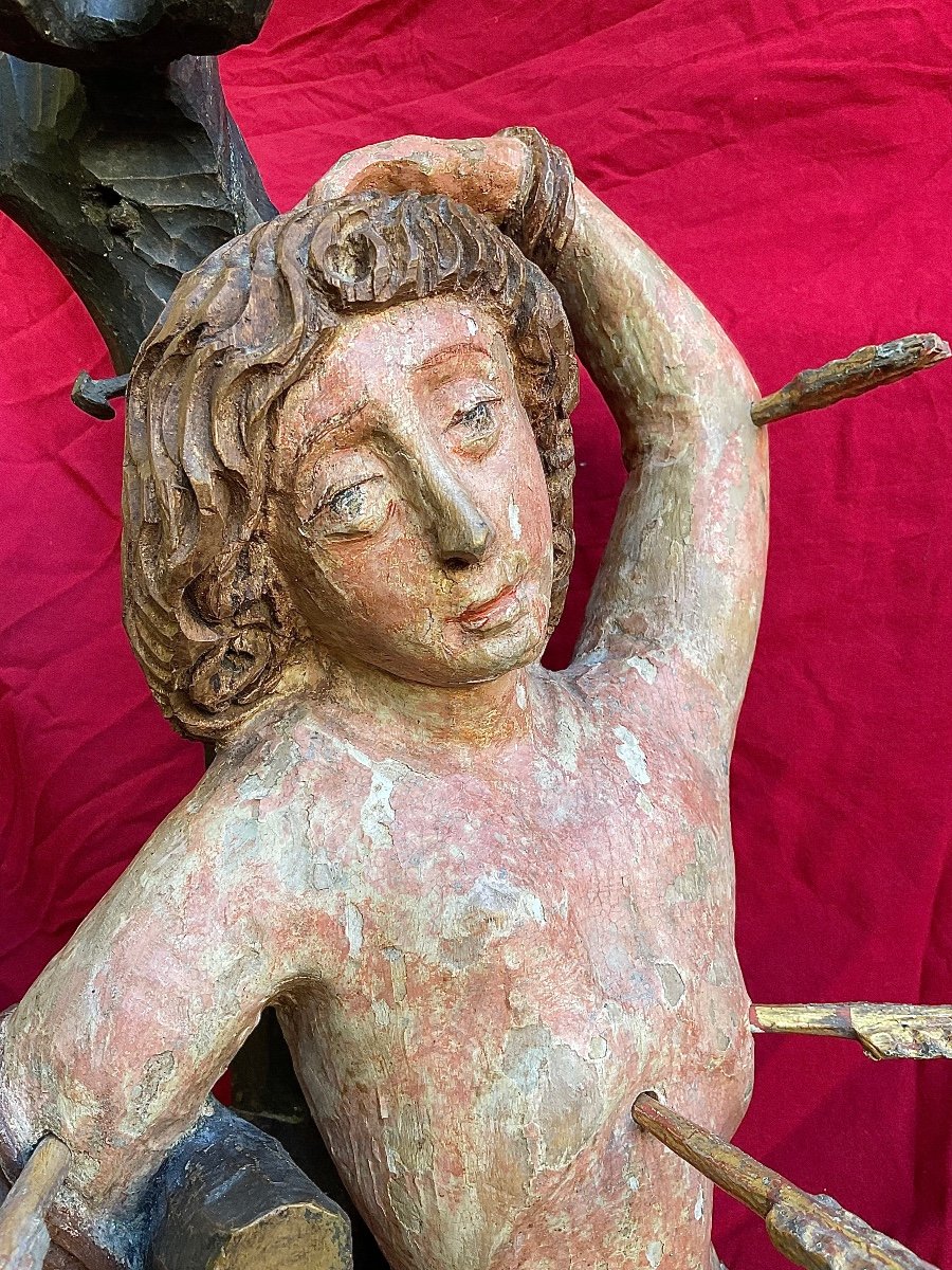 « Saint  Sébastien Martyr » , Bois Sculpté,peint, L’Allemagne De Sud, époque Gothique (ça.1500)-photo-1