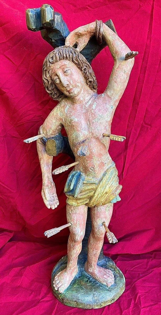 « Saint  Sébastien Martyr » , Bois Sculpté,peint, L’Allemagne De Sud, époque Gothique (ça.1500)