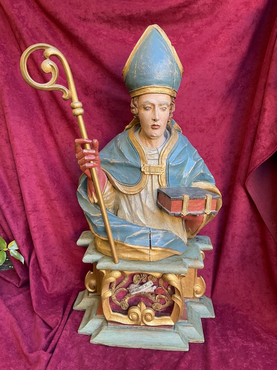 Bust - Reliquary "s. Gaudiosi M." Archbishop And Martyr In Naples, Carved Wood, Italy 19th Century