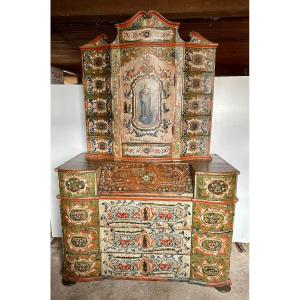 Secrétaire- Tabernacle à Deux Corps , Peint à Décor L’art Populaire, Tirol XVIIIe