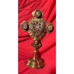 Monstrance - Reliquaire De La Sainte Croix Et Reliques De Saints/ Martyrs, Cuivré Doré, XVIIIe