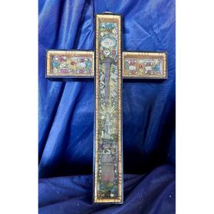 Wooden Cross-shaped Reliquary: The Holy Nail And Relics Of Saints, Austria 19th Century