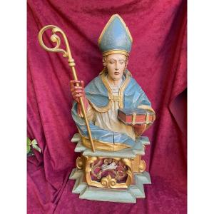 Bust - Reliquary "s. Gaudiosi M." Archbishop And Martyr In Naples, Carved Wood, Italy 19th Century