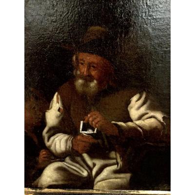 Tableau M. Sweerts,Attr.: Vieil Homme Tricotant Avec Jeune Garçon, Flandres VIIe