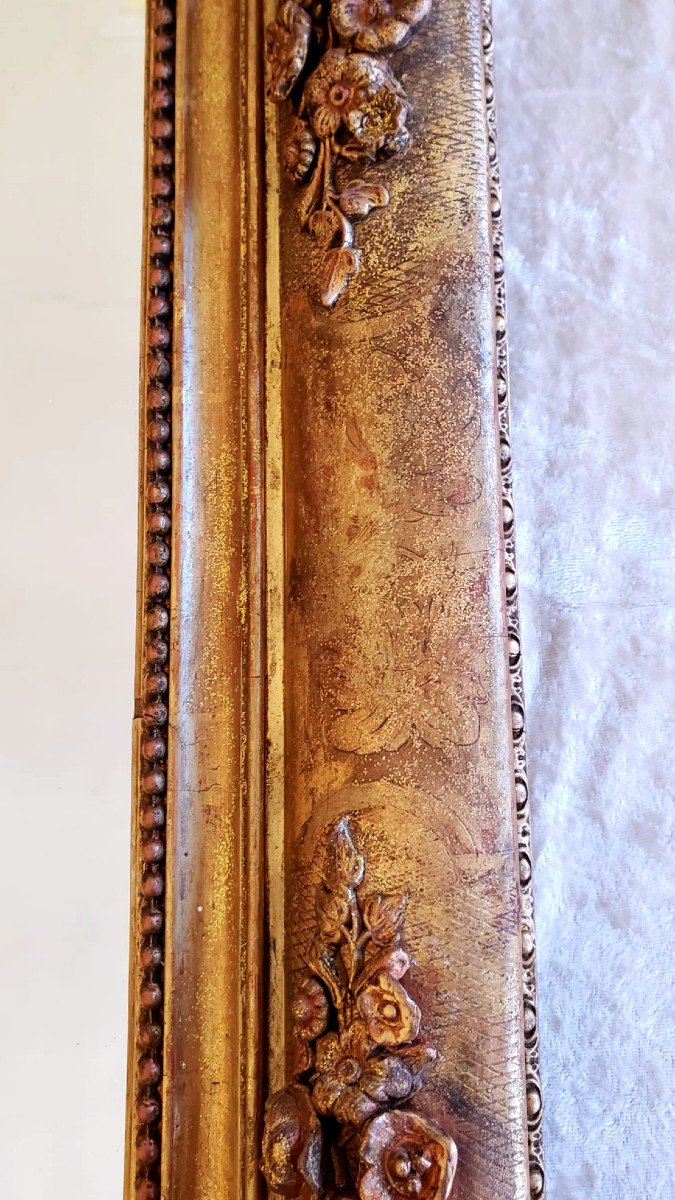 Restoration Style Wood And Gilded Stucco Mirror Decorated With Roses - 19th Century - 64 X 56 Cm-photo-3