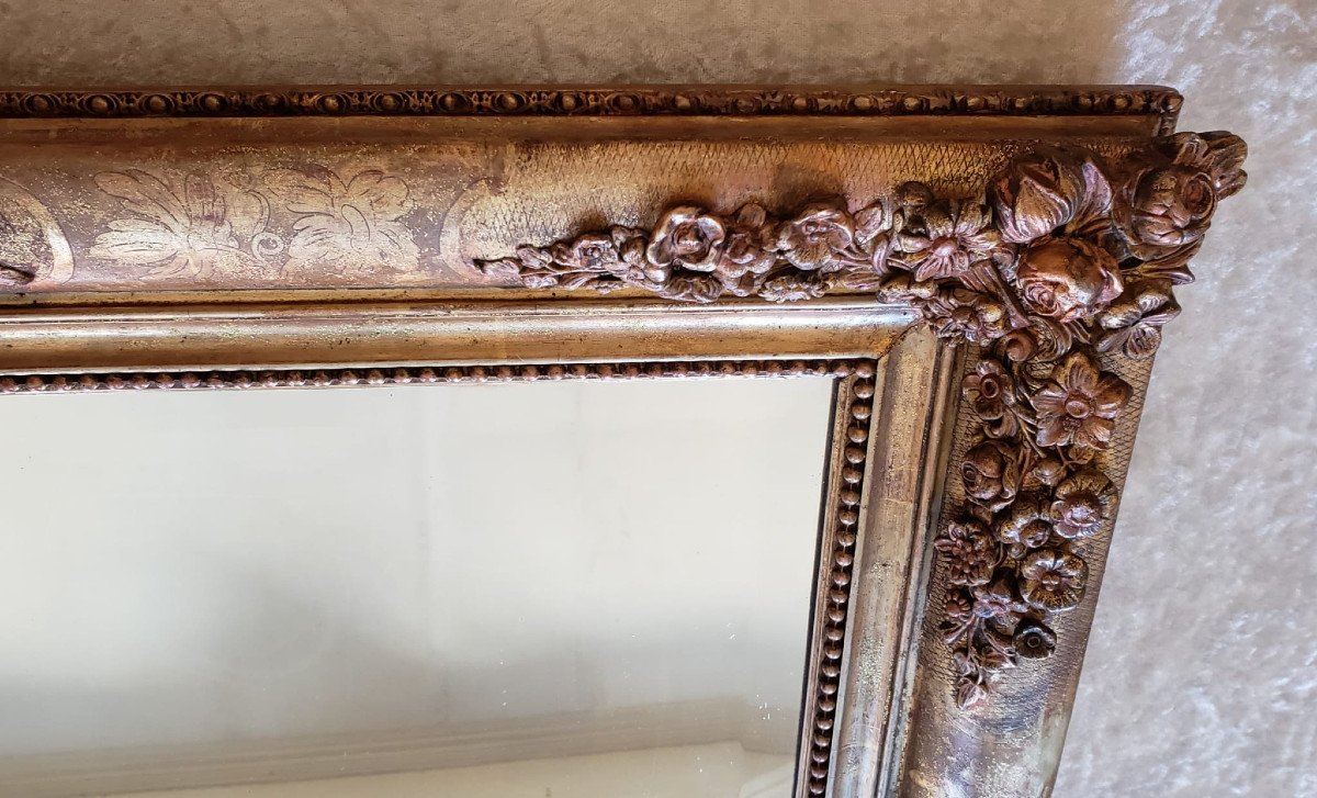 Restoration Style Wood And Gilded Stucco Mirror Decorated With Roses - 19th Century - 64 X 56 Cm-photo-4