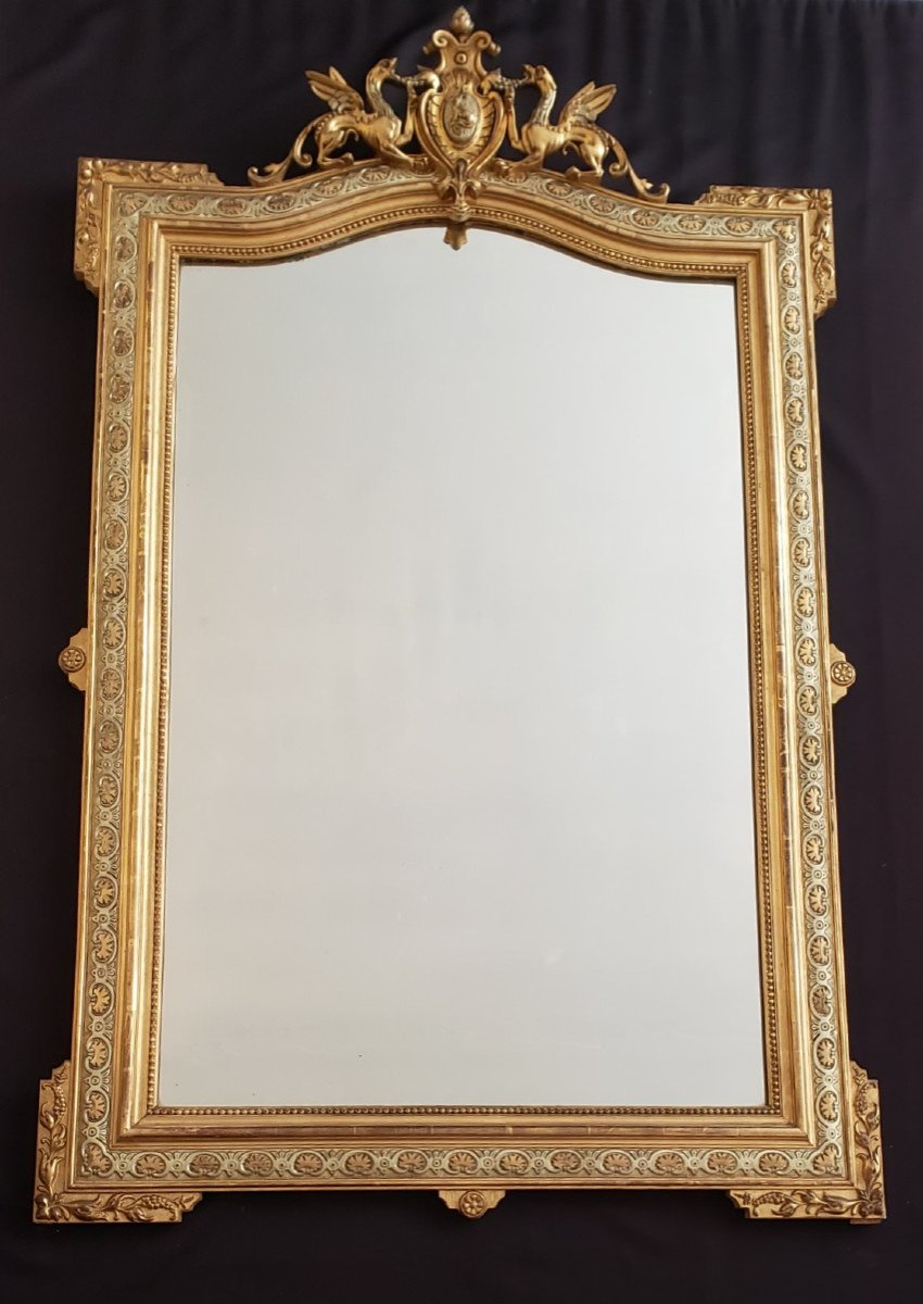 Miroir de cheminée d'époque Napoléon III à décor de dragons - XIX° -  150 x 86 cm