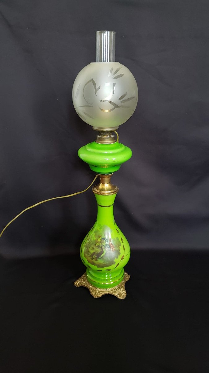 Large Electrified Opaline, Bronze And Brass Oil Lamp With Fragonard Decor. 78cm-photo-2