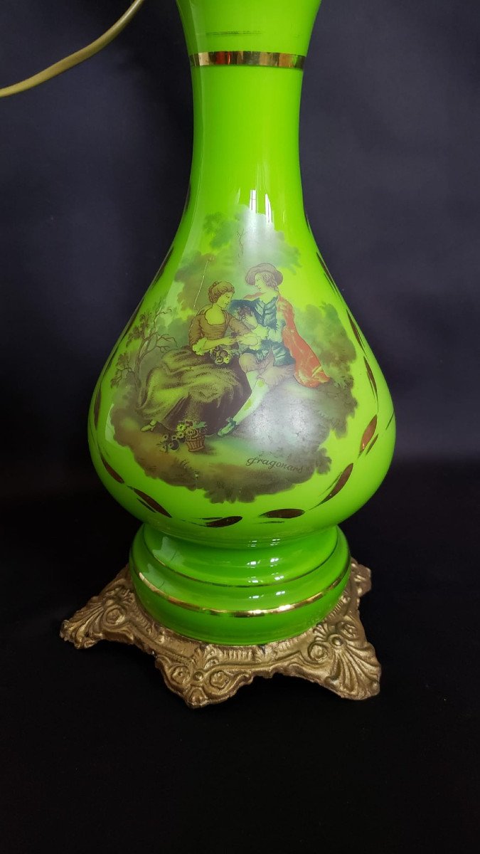 Large Electrified Opaline, Bronze And Brass Oil Lamp With Fragonard Decor. 78cm-photo-3