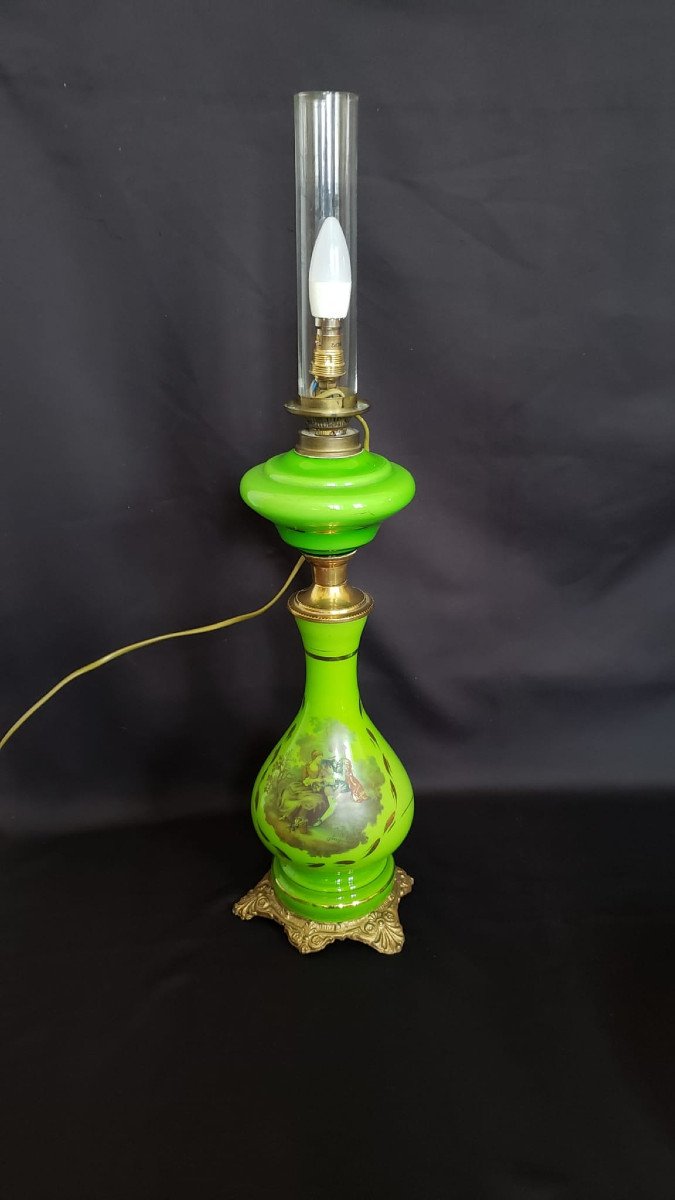 Large Electrified Opaline, Bronze And Brass Oil Lamp With Fragonard Decor. 78cm-photo-1