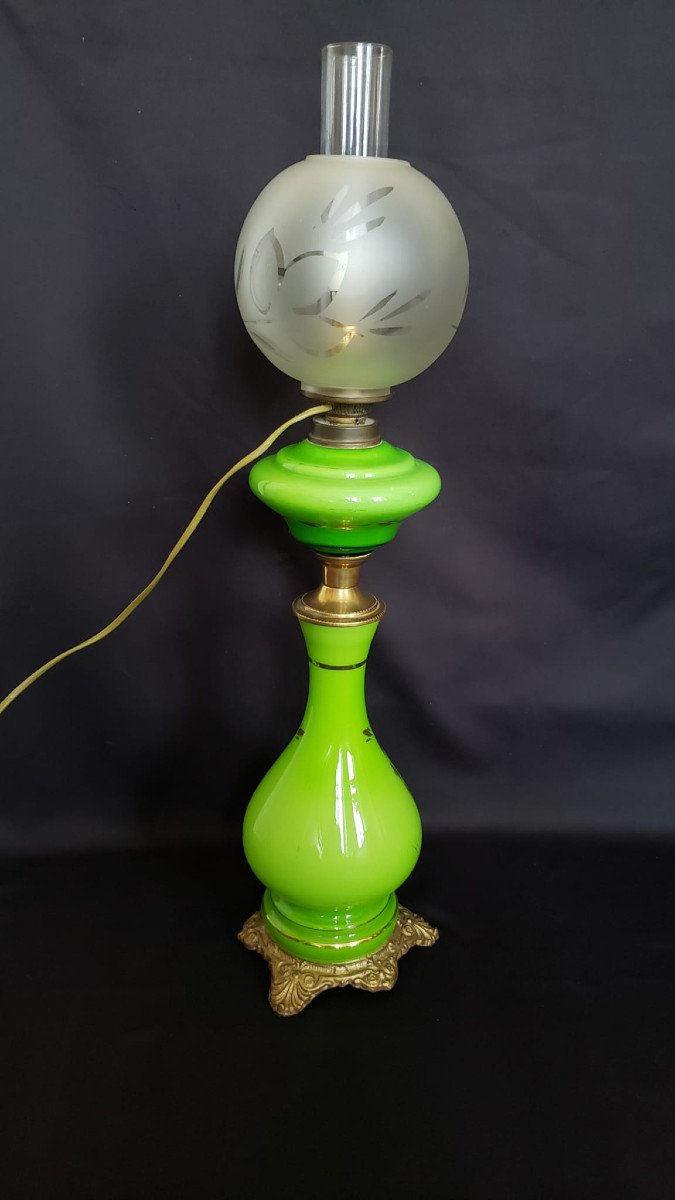 Large Electrified Opaline, Bronze And Brass Oil Lamp With Fragonard Decor. 78cm-photo-3
