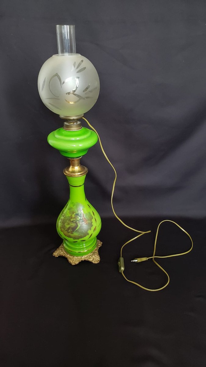 Large Electrified Opaline, Bronze And Brass Oil Lamp With Fragonard Decor. 78cm-photo-5