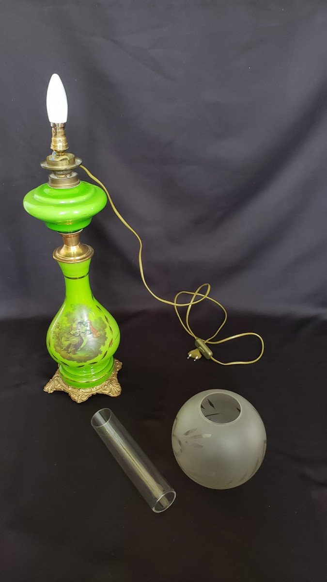 Large Electrified Opaline, Bronze And Brass Oil Lamp With Fragonard Decor. 78cm-photo-7