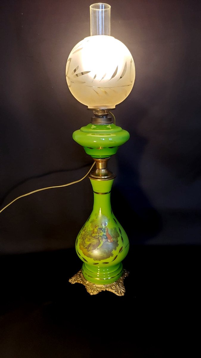 Large Electrified Opaline, Bronze And Brass Oil Lamp With Fragonard Decor. 78cm