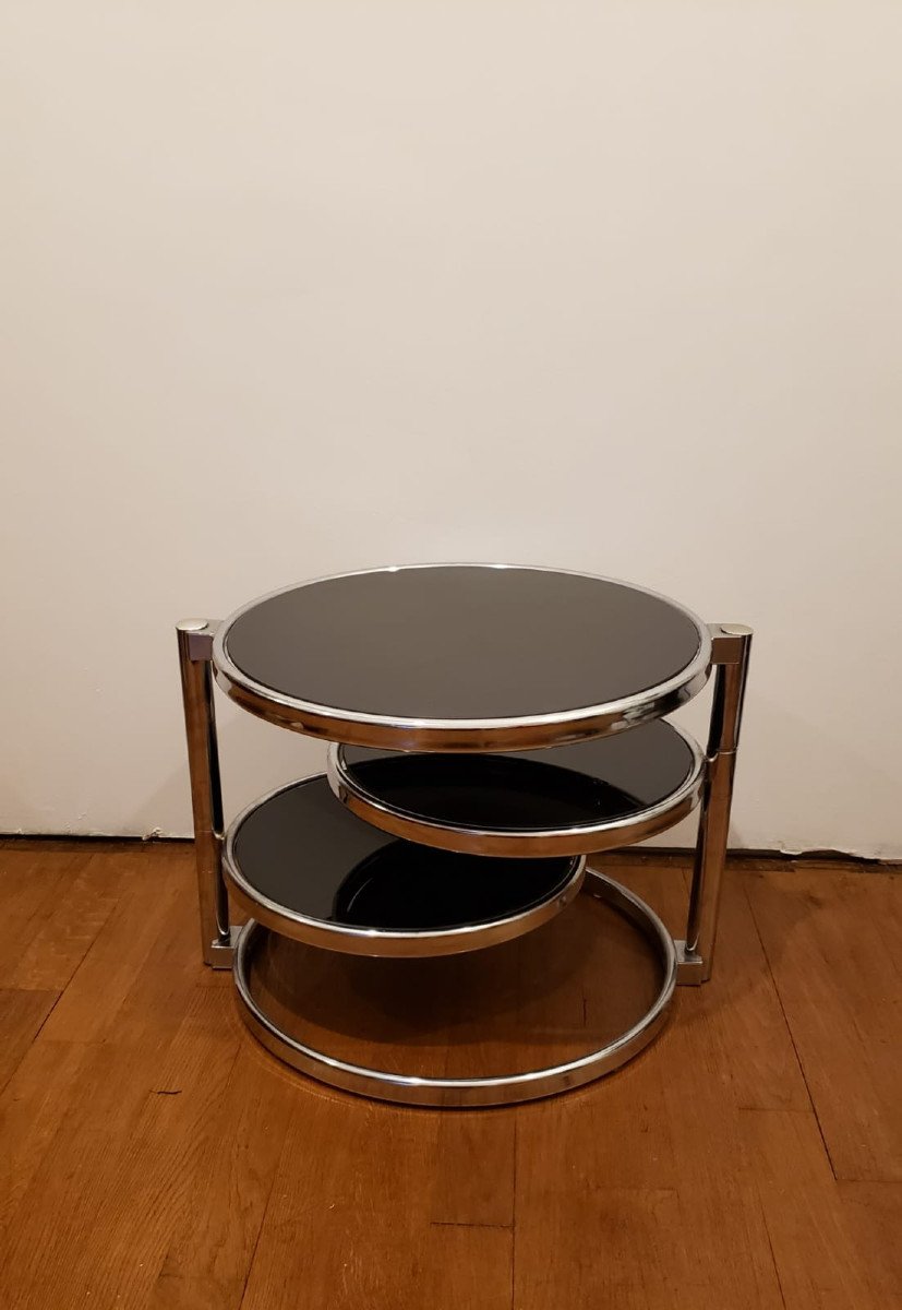 Table basse trois plateaux chrome et  verre Fumé 1970. Leitmotiv Swivel.  Pays Bas-photo-3