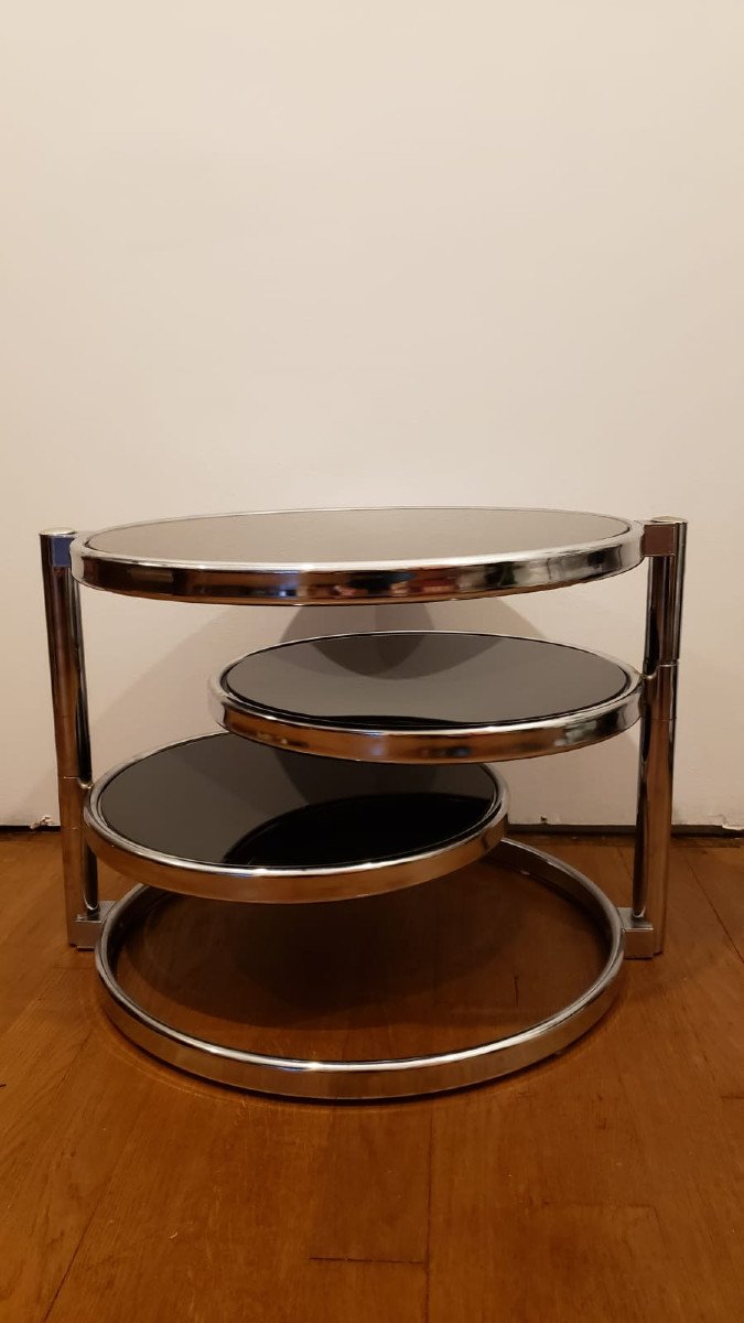 Table basse trois plateaux chrome et  verre Fumé 1970. Leitmotiv Swivel.  Pays Bas-photo-4