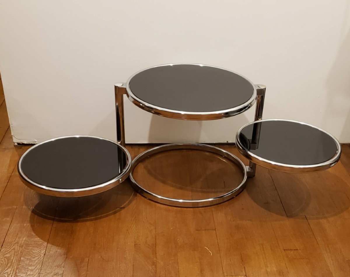 Table basse trois plateaux chrome et  verre Fumé 1970. Leitmotiv Swivel.  Pays Bas-photo-3