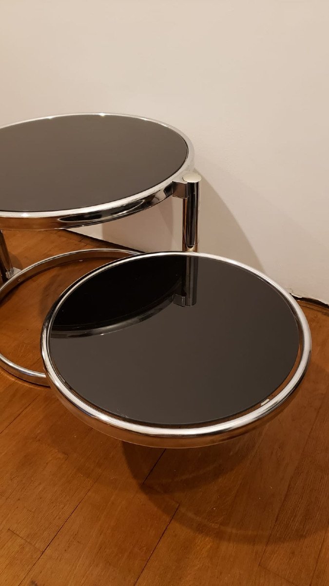 Table basse trois plateaux chrome et  verre Fumé 1970. Leitmotiv Swivel.  Pays Bas-photo-4