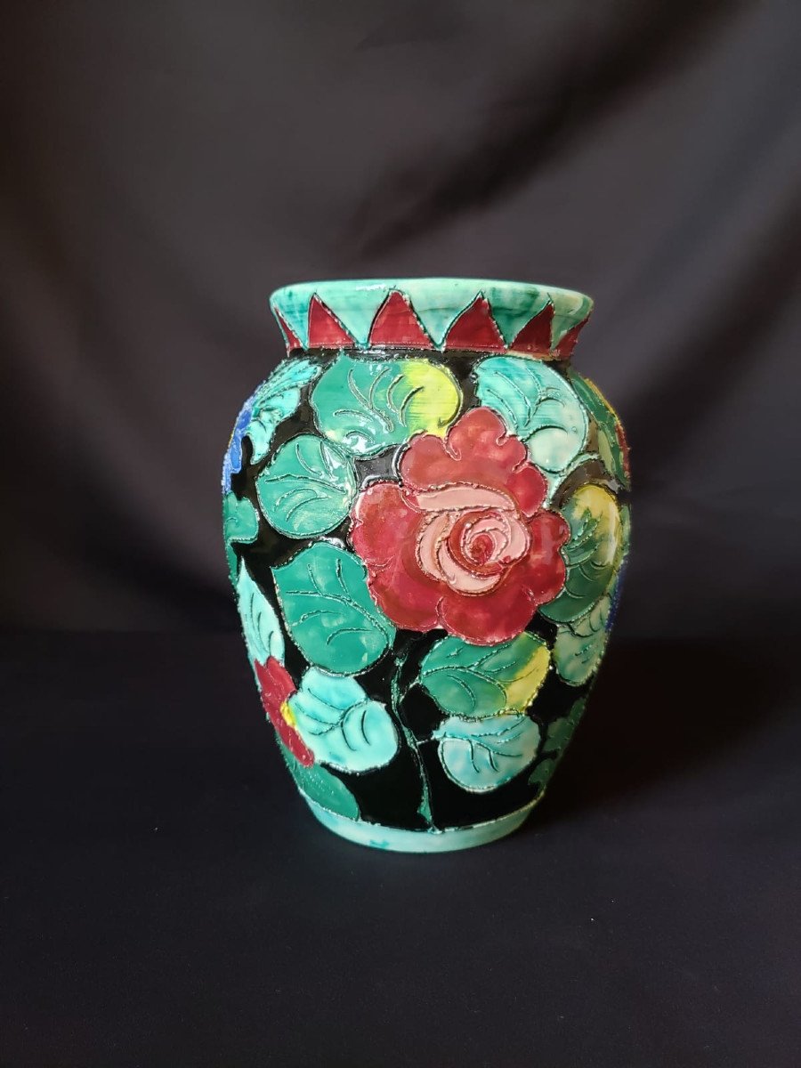 Vallauris Ceramic Vase With Cloisonne Floral Decoration On A Black Background 1950/1960-photo-2