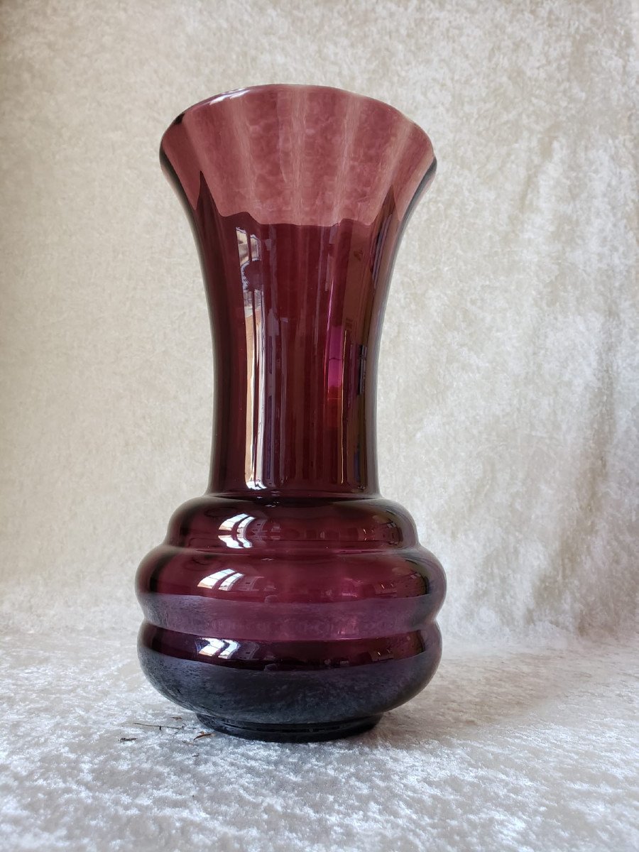 Large Dark Amethyst Purple Glass Vase - Verrerie Doyen Belgique - Art Deco Period.-photo-3