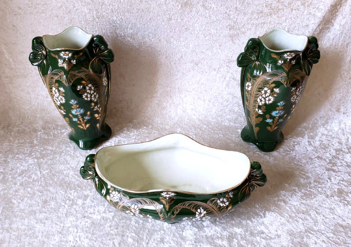 Enameled Art Nouveau  Earthenware Fireplace Set - Lunéville Around 1920.-photo-2