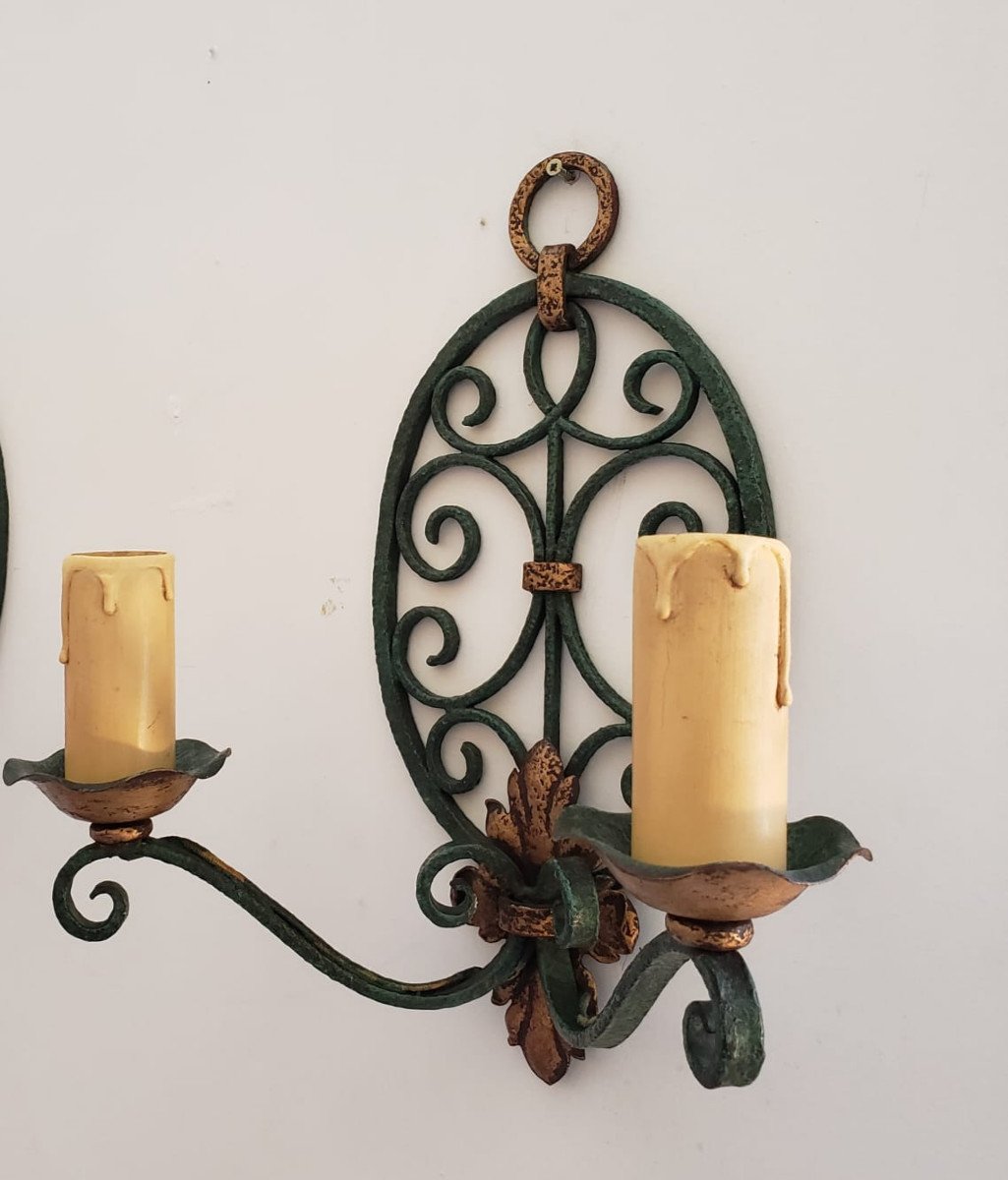 Pair Of Wrought Iron And Bronze Sconces - Green Bronze And Gold Enamelled Patina - Period 1940/50-photo-2