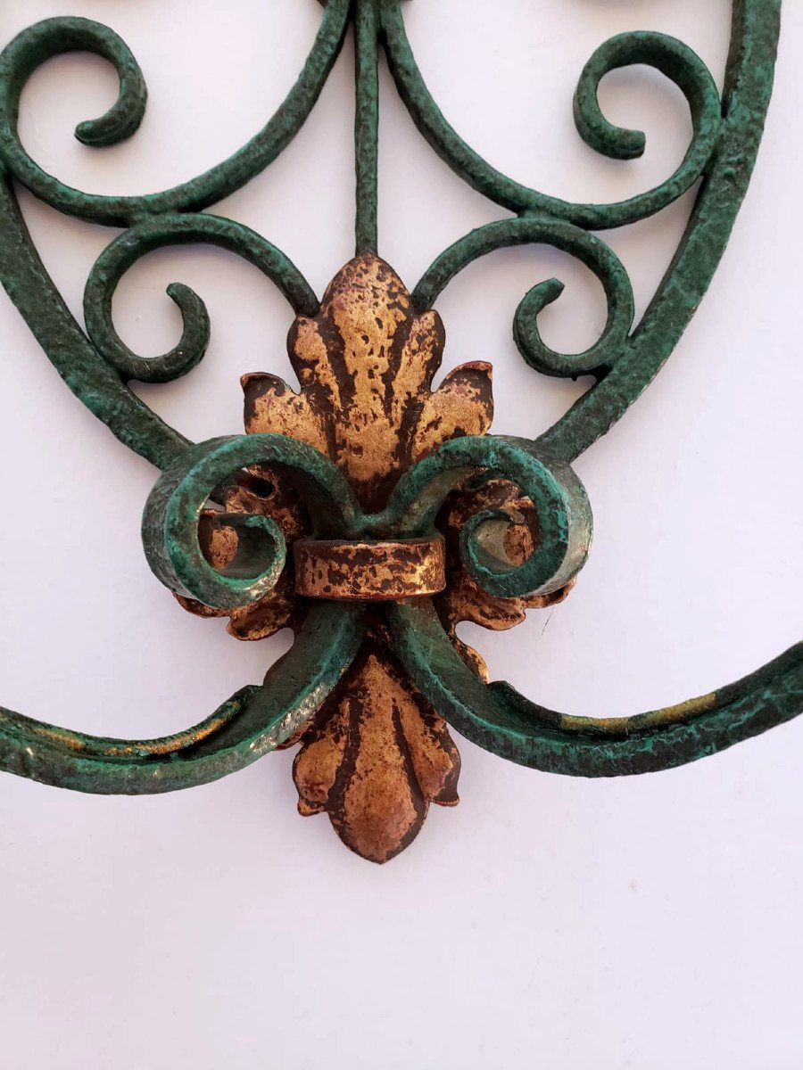 Pair Of Wrought Iron And Bronze Sconces - Green Bronze And Gold Enamelled Patina - Period 1940/50-photo-3