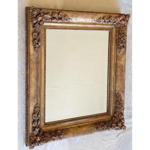 Restoration Style Wood And Gilded Stucco Mirror Decorated With Roses - 19th Century - 64 X 56 Cm