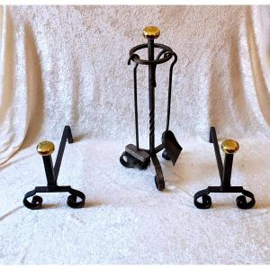 Set Of Andirons And Wrought Iron And Bronze Fireplace Servant