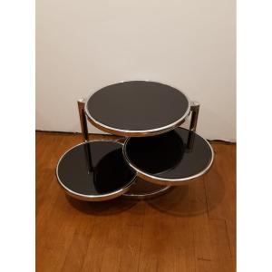 Coffee Table With Three Chrome And Smoked Glass Shelves, 1970. Leitmotiv Swivel. Netherlands