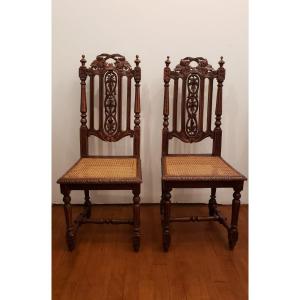 Pair Of Neo-gothic Caned Chairs From The 19th Century