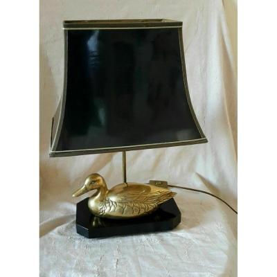 Lamp With Brass Duck On Lacquered Wooden Base - Maison Charles Style - 1970s